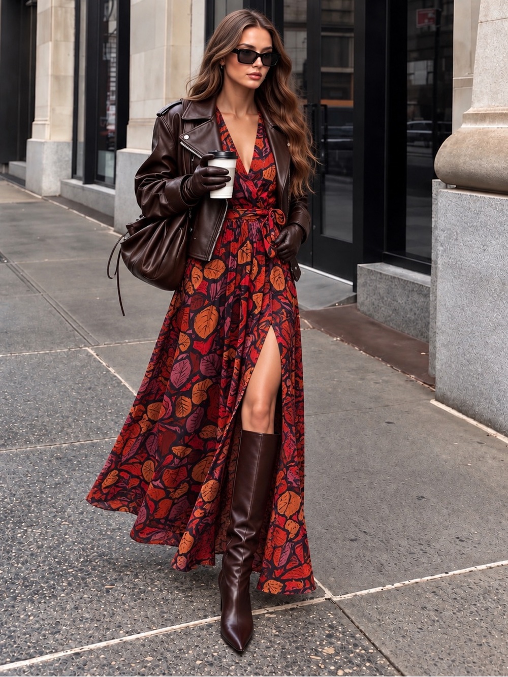 100% silk Rachel Zoe Sleeveless Wrap Maxi Dress in Red and Orange Leaf Print
